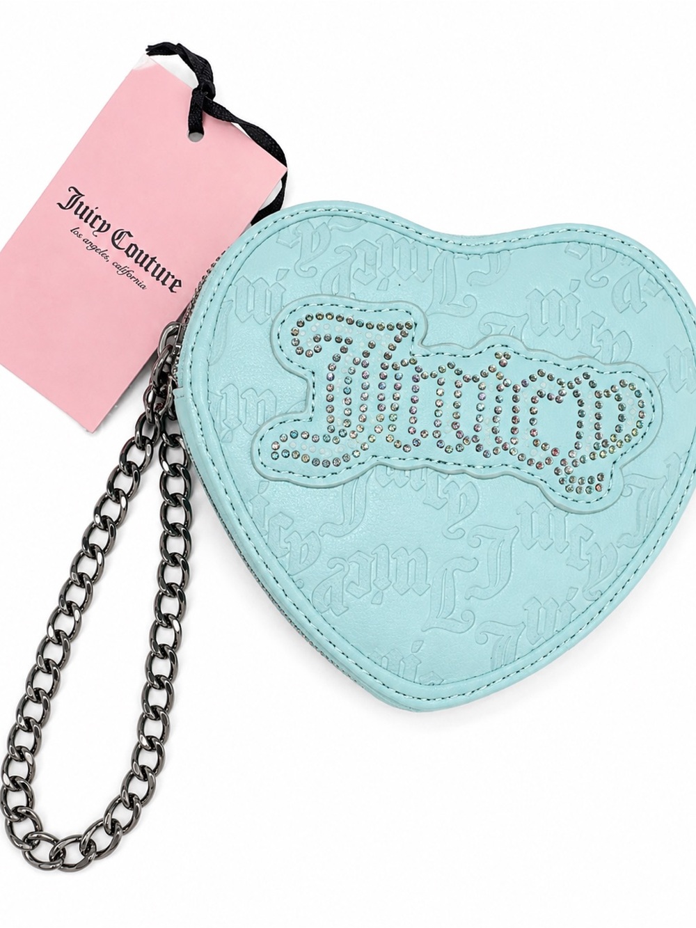Juicy Couture Rhinestone Heart String of Pearls Heart Zip Around NWT